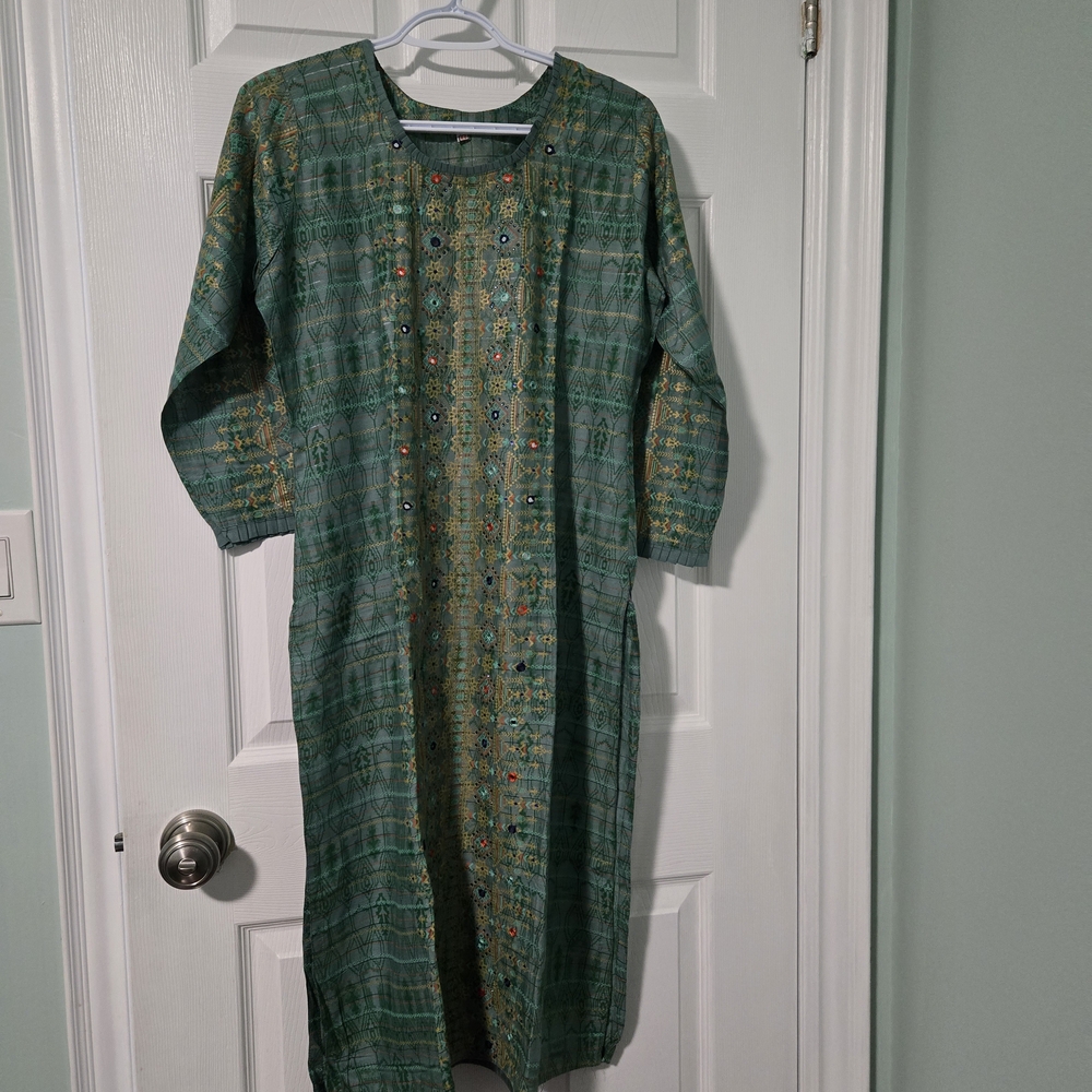Green And Gold Patterned Cotton Salwar Kameez